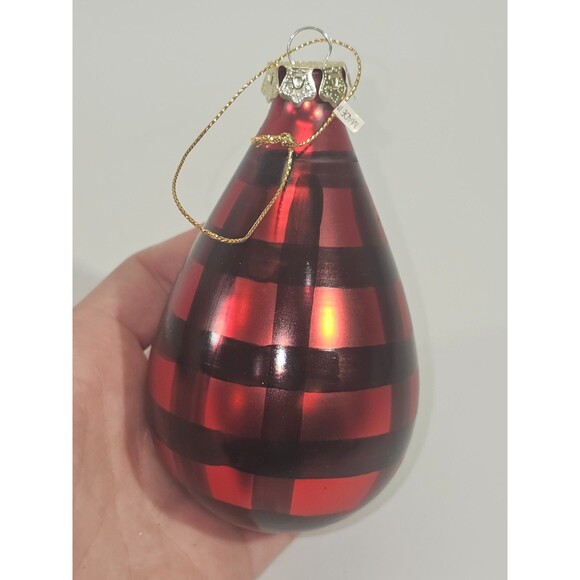 KSD VINTAGE Blown Glass Christmas Ornament Black Red Tear Drop Plaid Checked 5" - Picture 4 of 5